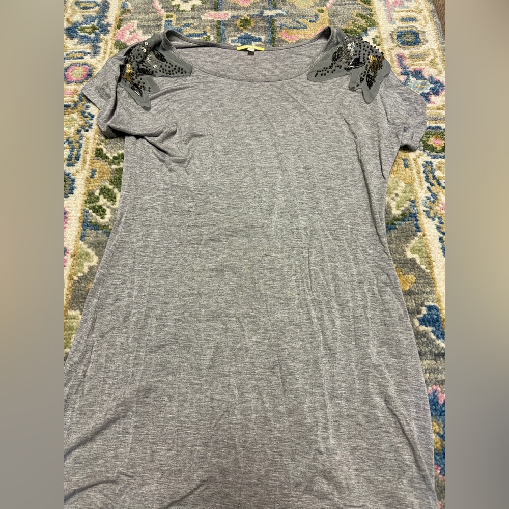 Gray Short Sleeve Tunic Dress with Embellished Shoulders